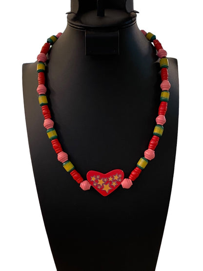 Wooden Beaded Necklace Tie Closure Heart Stars Red Pink Green Yellow 24" Craft