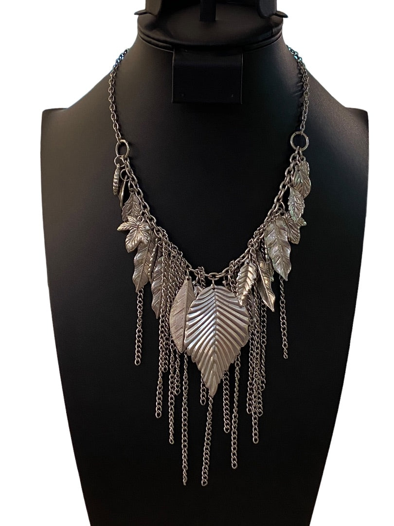 Silvertone Layered Boho Necklace Leaf and Chain Statement 16-18"