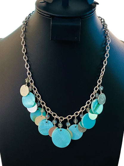 Silvertone and Aqua Charm Layered Circle Necklace 16-19" Lobster Clasp