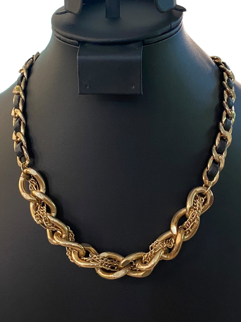 Goldtone and Black Cord Chunky Dual Strand Chain Necklace 17-19" Lobster Clasp