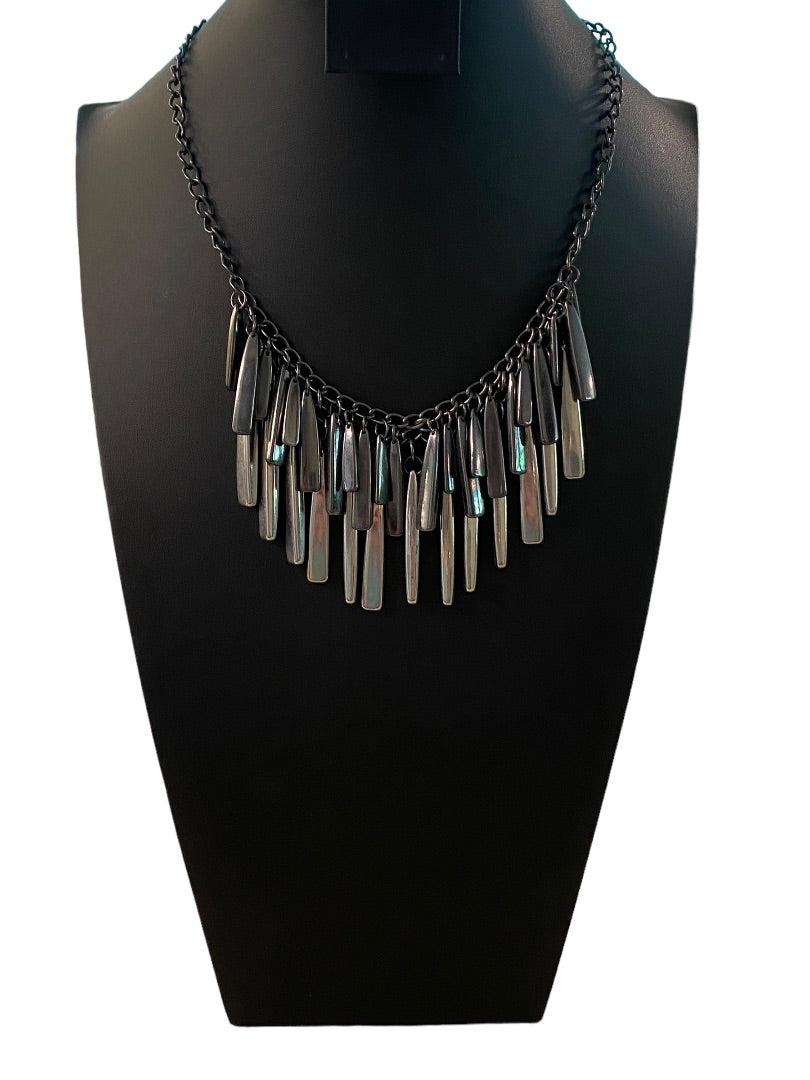 New York & Co Pewter Color and Silvertone Fringe Necklace 18-21" Lobster Clasp 1.5" Drop