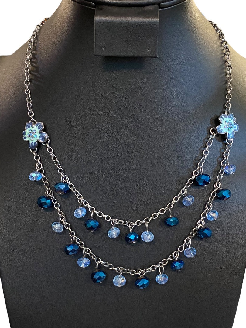 Dark Silvertone Blue Beaded Layered Necklace Floral 19" Lobster Clasp