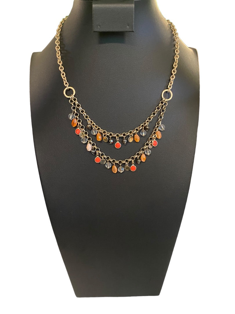 Brushed Goldtone Beaded Double Strand Necklace 17.5"Beaded 3" Drop