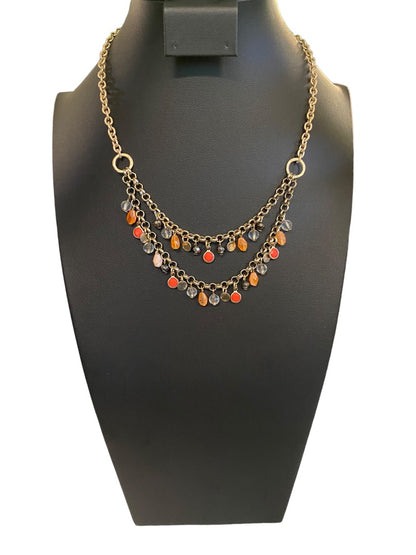 Brushed Goldtone Beaded Double Strand Necklace 17.5"Beaded 3" Drop