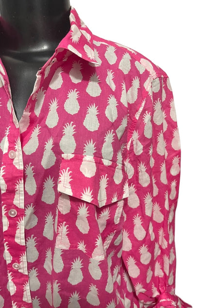 Large Talbots Womens Casual Button Down Pineapple Print Cotton Shirt Pockets