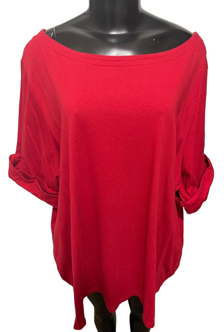 2X (26/28) Woman Within Red Short Sleeve Top Thsirt Cuffed Sleeve