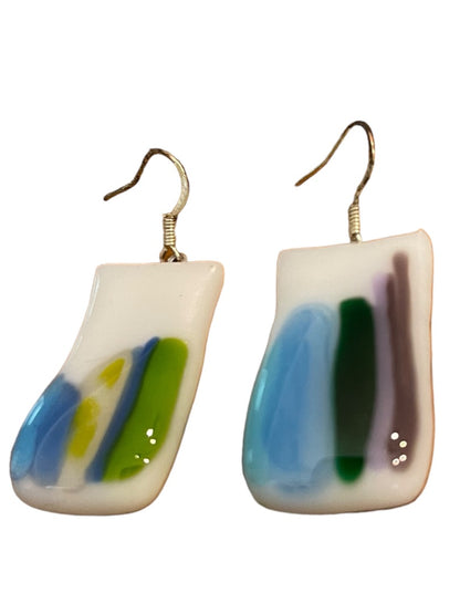 Color Fused Glass Fishhook Earrings Blue Green 1.25" Drop Dangle