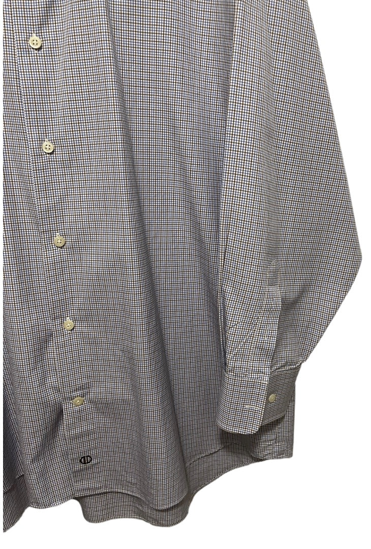 17.5 (32/33) David Donahue Mens Button Up White Blue Brown Dress Shirt