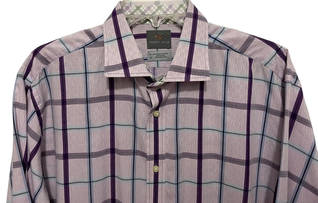 XL Thomas Dean 100% Pima Cotton Mens Plaid Dress Shirt Purple Long Sleeve