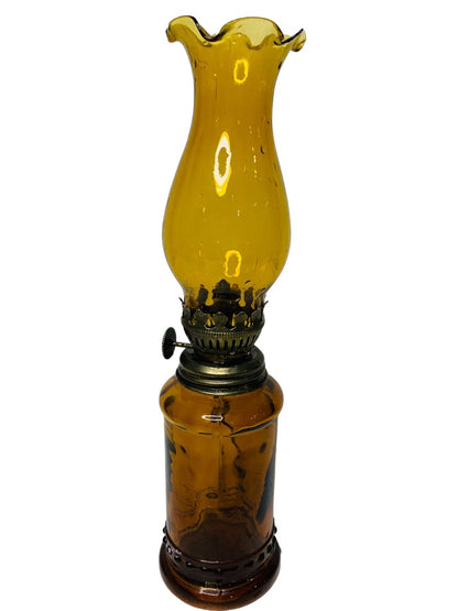 Vintage Amber Glass Hurricane Oil Lamp Small 9.5"h Hong Kong B