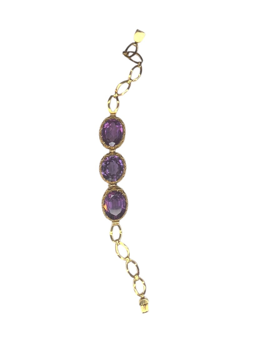 14k Yellow Gold Synthetic Amethyst Bracelet Vintage Jewelry Heart Filigree Setting 7.5"