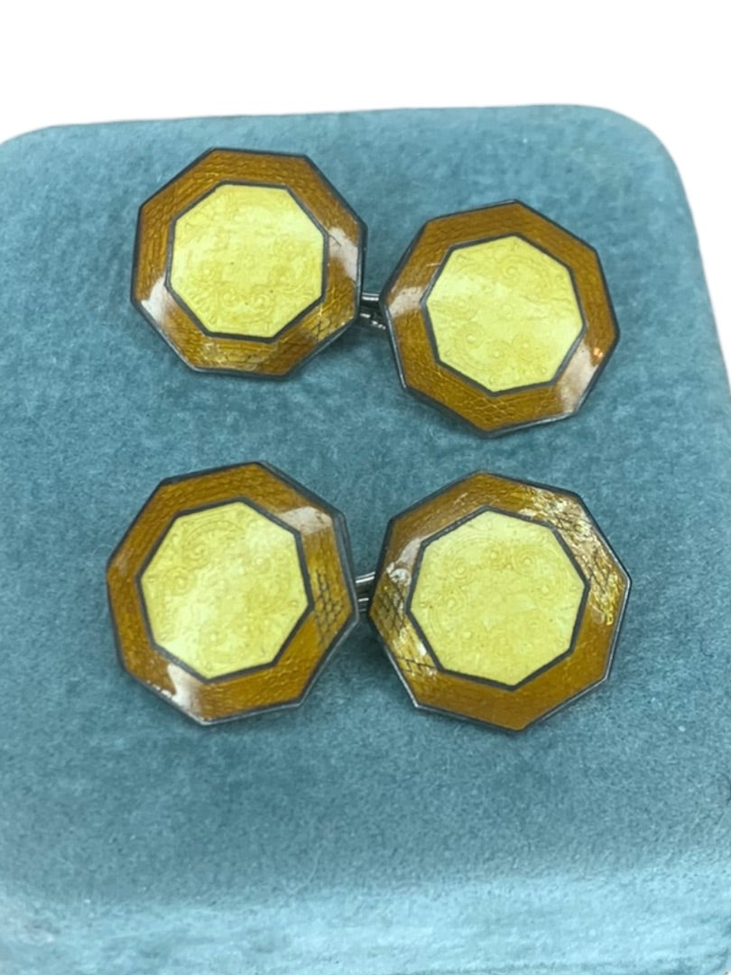 Antique Art Deco Signed Hallmark Yellow Brown Guilloche Enamel Cufflinks Pair Hexagon