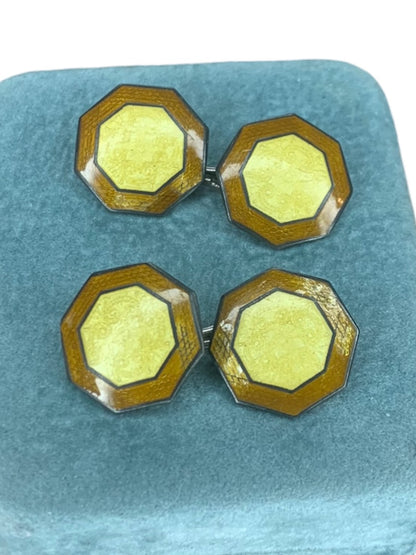 Antique Art Deco Signed Hallmark Yellow Brown Guilloche Enamel Cufflinks Pair Hexagon