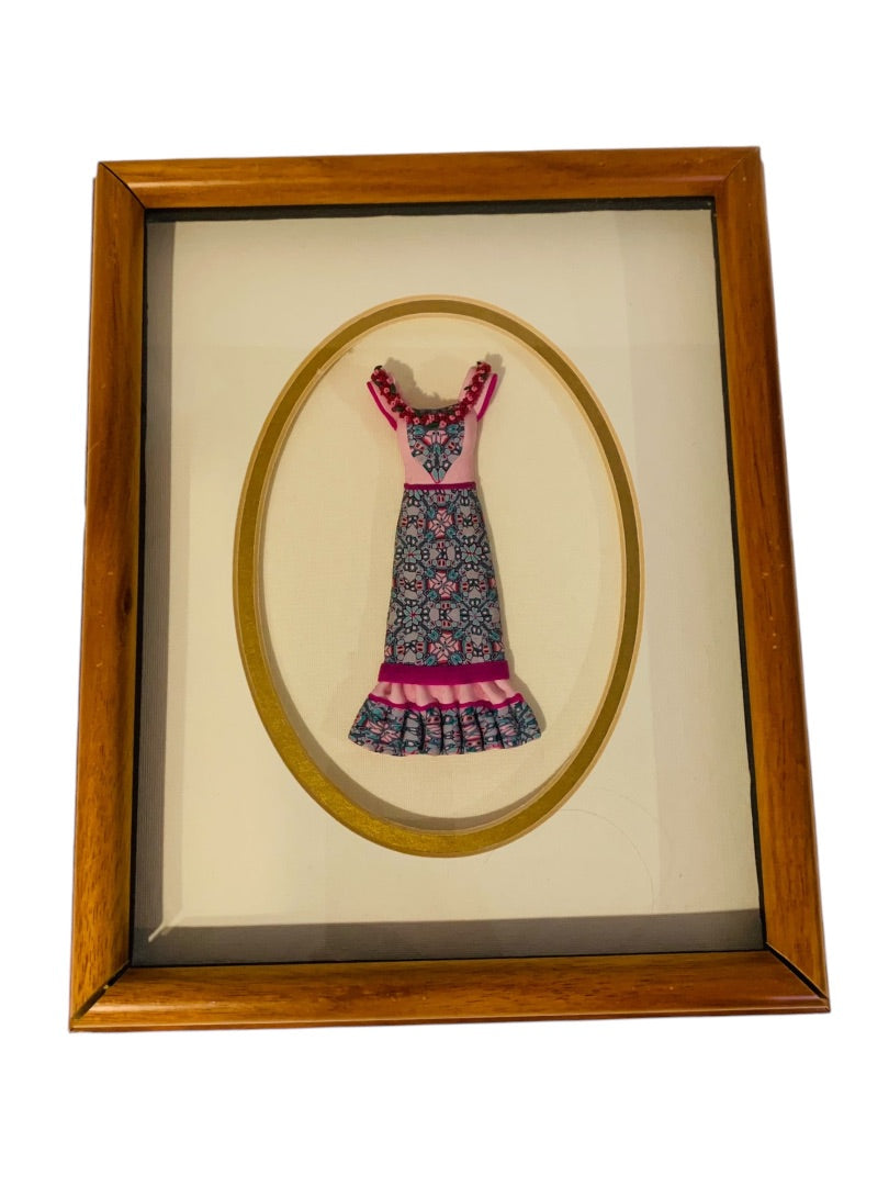 Framed Dimensional Clay Art Peasant Dress Pink Blue Wooden Frame. 11.5" x 9.5"