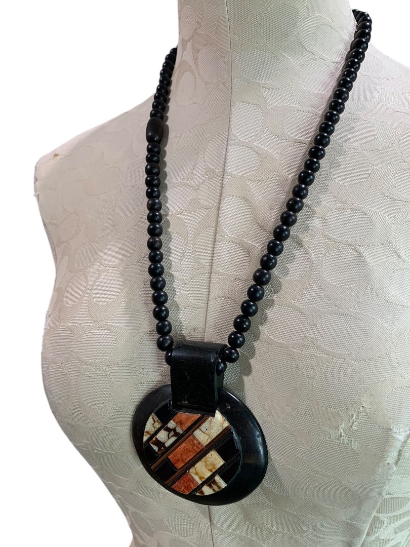 Vintage Wooden Beaded Pendant Statement Necklace Boho Style 30" Overhead No Clasp