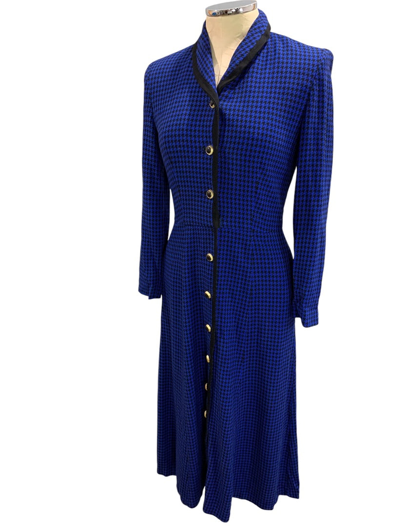 Size 6 Talbots Button Up Vintage 1980s Dress Blue Houndstooth Pockets