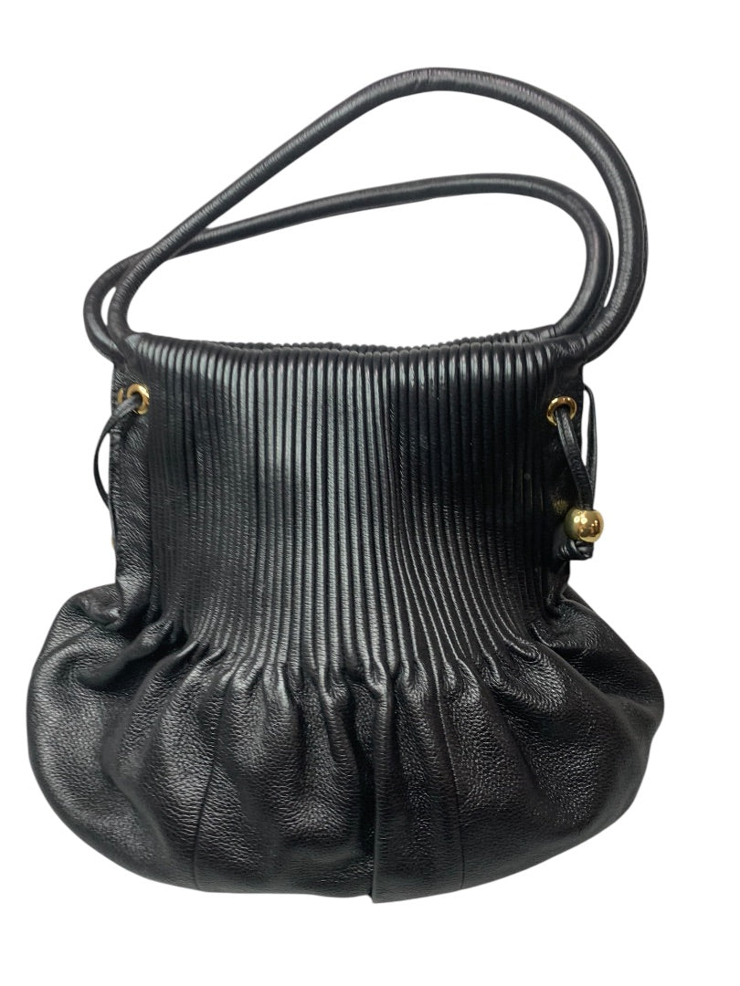 Vintage Bodhi Black Pebbled Leather Pleated Handbag Goldtone Hardware