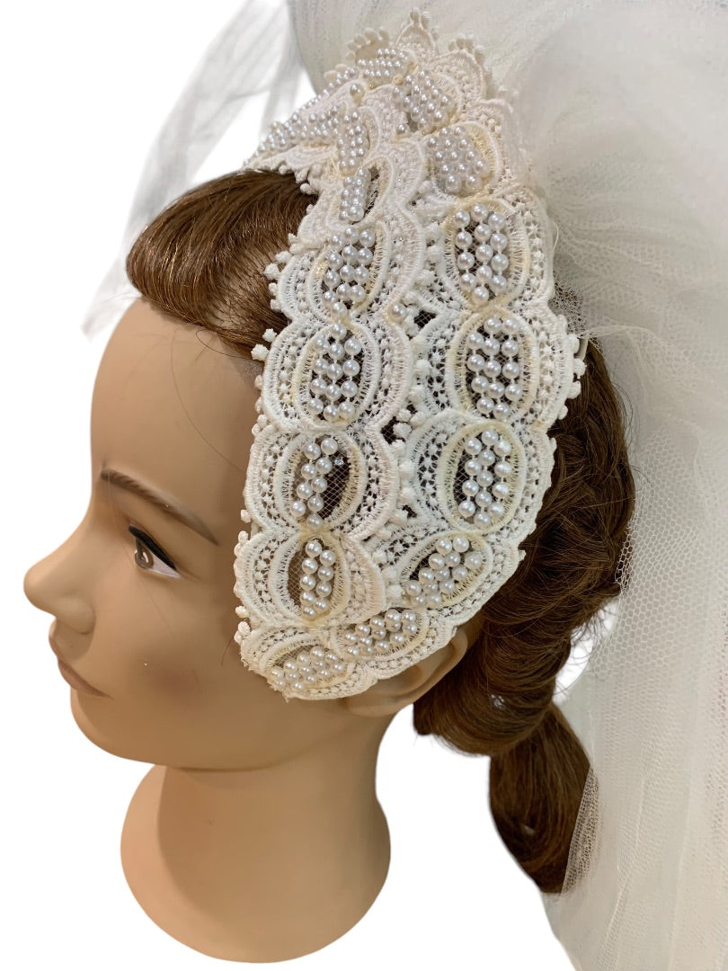 Vintage 1970s Bridal Veil Headband Ivory Fascinator Wedding