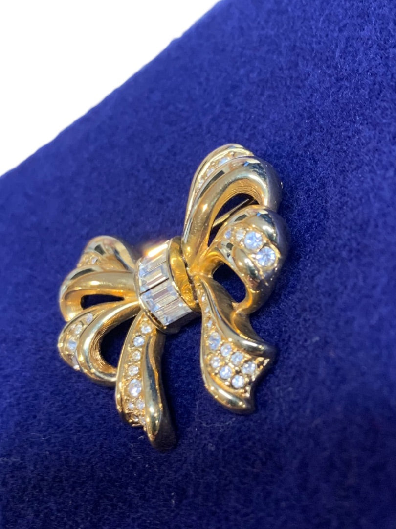 Goldtone Embellished Bow Brooch Pin 1.6 Inch