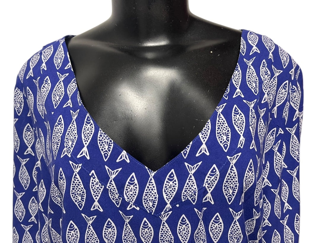 XL West Indies Womens Fish Print Pullover Blouse Shirt Bottom Drawstring