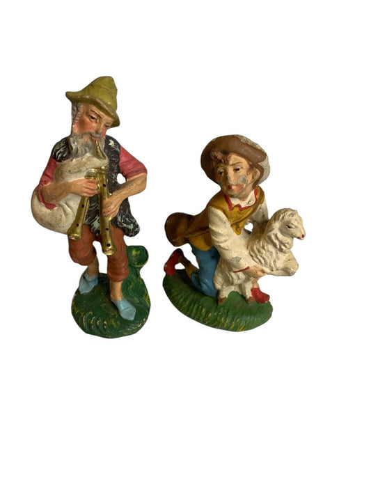 Vintage Nativity Figurines Italy Resin Shepherd and Bagpipe Man 4 Inch