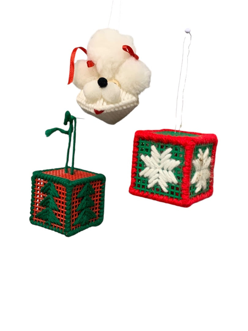 1980s Christmas Ornaments Yarn Cross Stitch Needlepoint Cubes Dog Kitschy