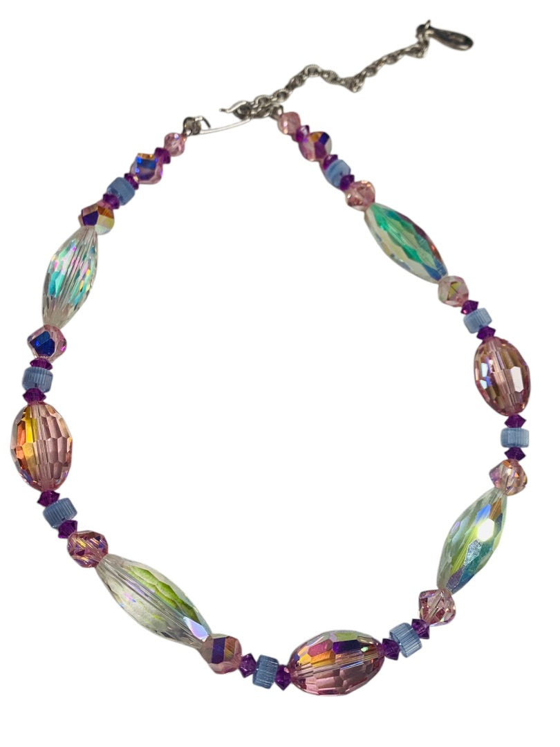 Aurora Borealis Beaded Necklace Choker 14-17 Inch Multicolor Hook Closure