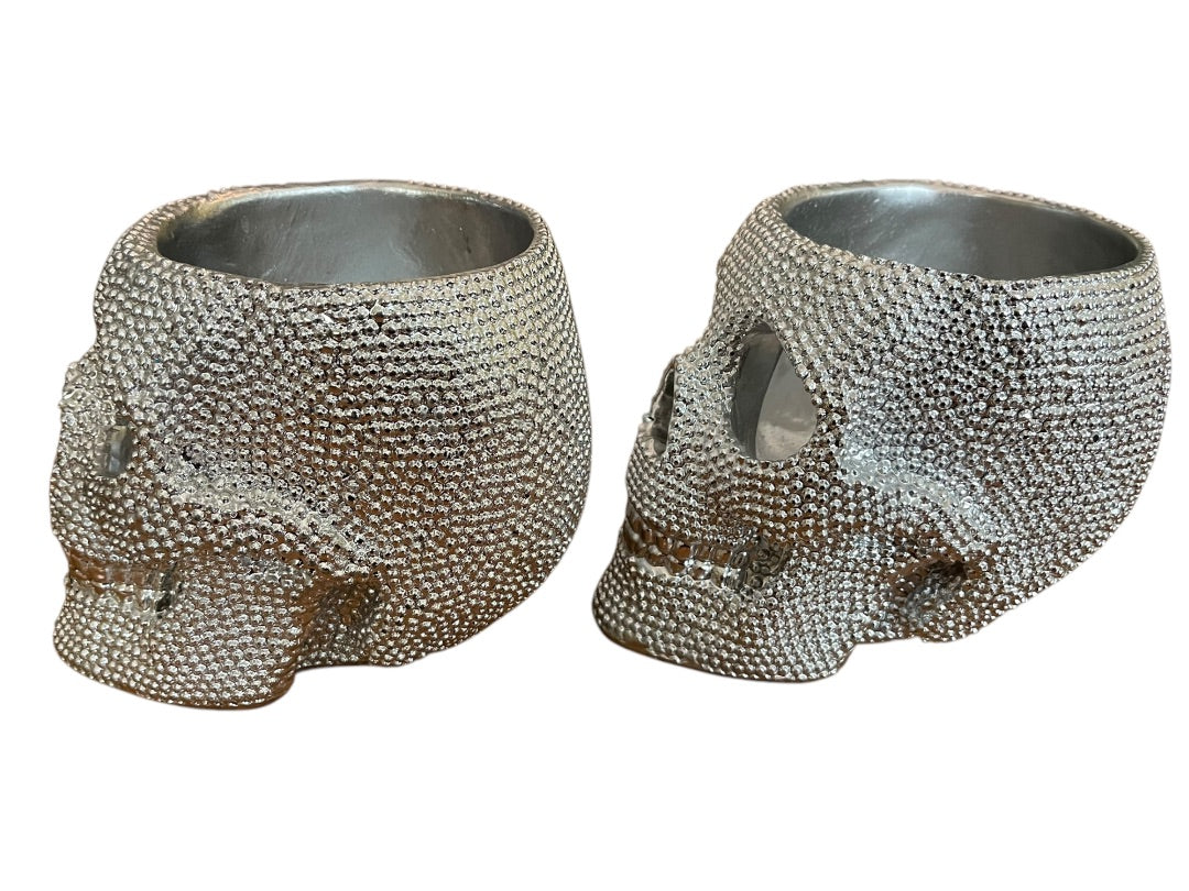 Set of 2 Silvertone Skull Textured Decor Bowl Dish Centerpiece 6 Inch