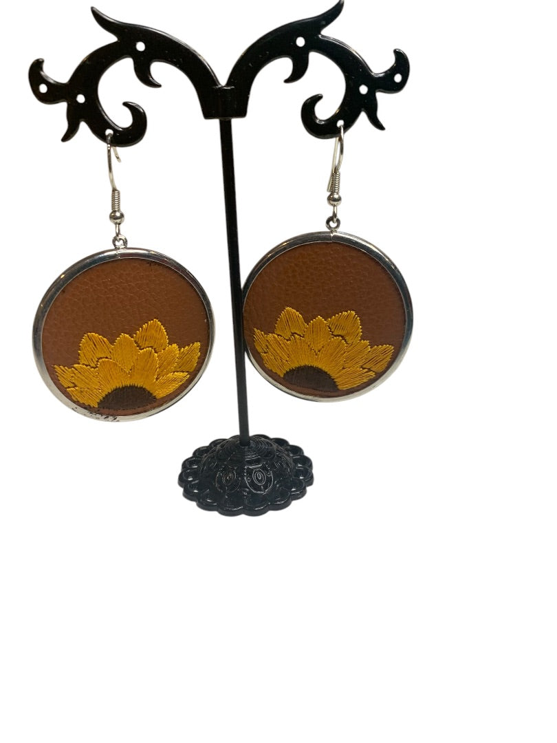 Silvertone Embroidered Faux Leather Sunflower Hook Pierced Earrings