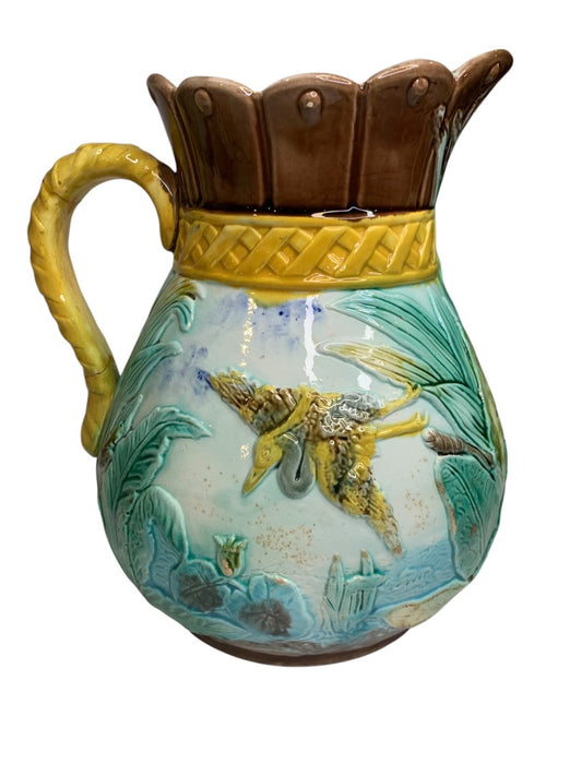 Antique Majolica Pitcher Heron 8 Inch Vibrant Color 1880s Marked