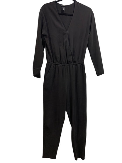 Size 6 H&M Womens V-Neck Jumpsuit Black Pockets Long Sleeve Elastic Waist