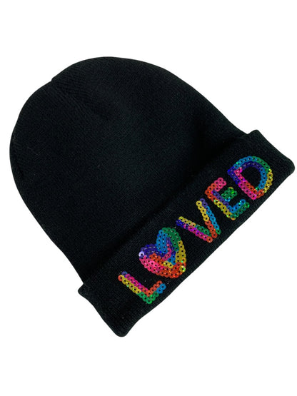 One Size Girls Black Sweater Knit Beanie Hat "Loved" Sequins