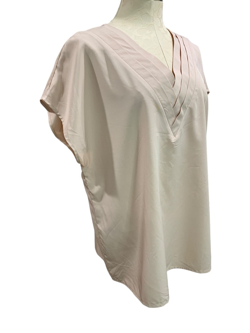 1XL Womens Beige V-Neck Pullover Blouse Shirt Short Dolman Sleeve