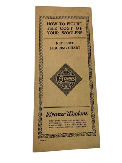 Vintage Bruner Woolens Net Price Figuring Chart with Telegraphing Instructions