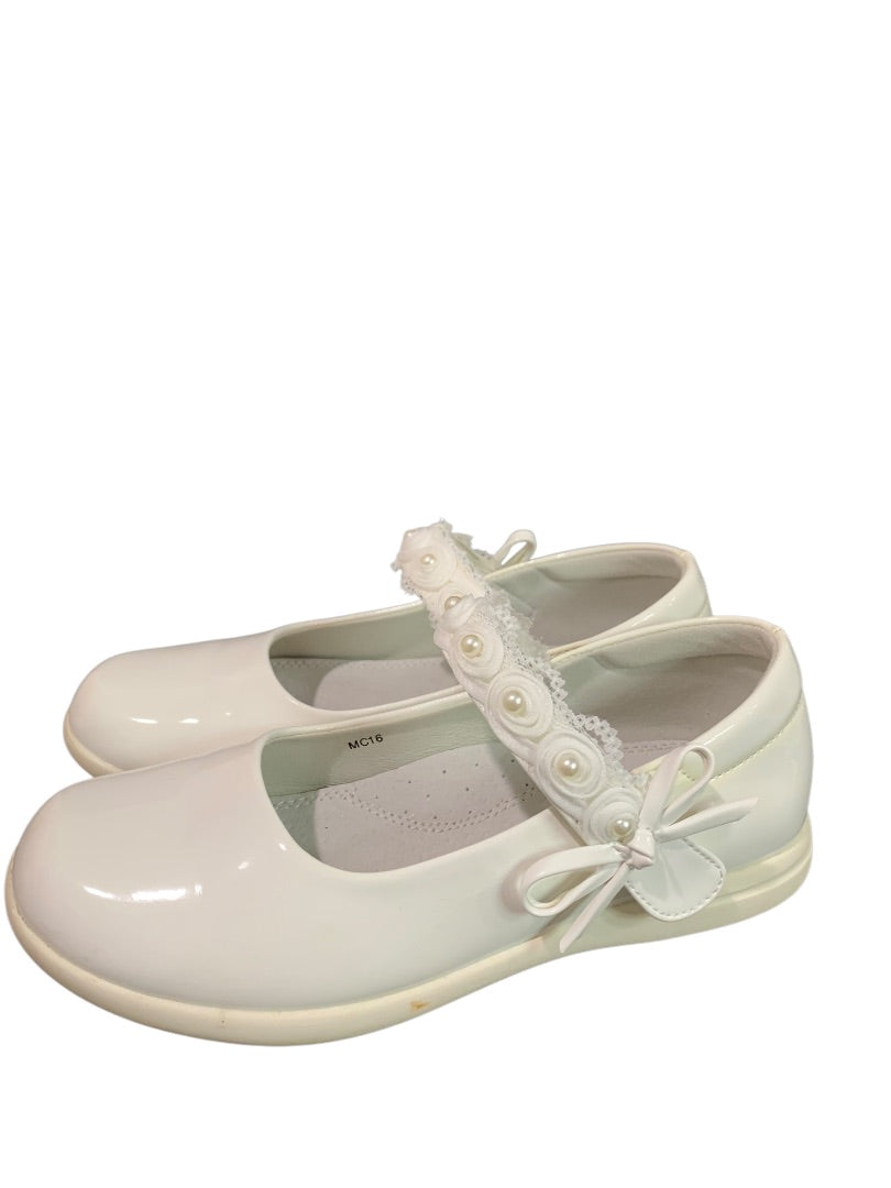 Size 36 Apawwa MC16 Girls White Lacquer Shoes Rosettes Faux Pearls First Communion