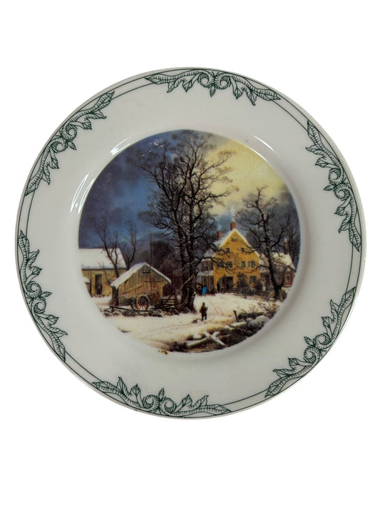 Currier and Ives 2001 Decorative 8 Inch Plate Sleigh Farmhouse Scene