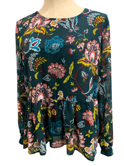Medium LOFT Sheer Floral Print Blouse Flounce Hem Shirt