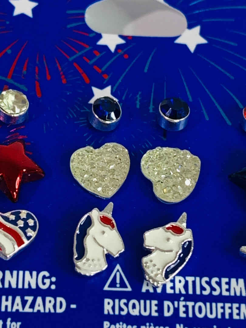 Claires New Set of 9 Post Pierced USA Earrings Patriotic Unicorn