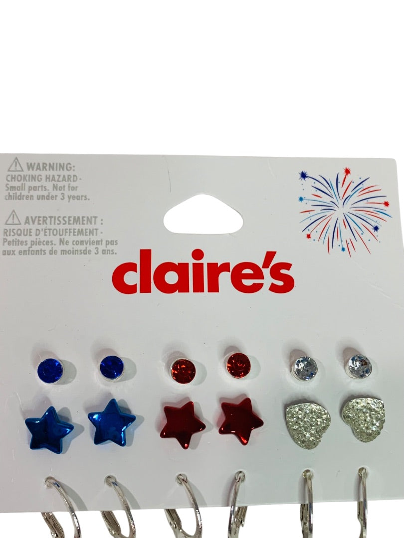 Claires New Set of 9 Post and Hoop Pierced Earrings Patriotic