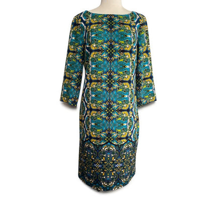 Size 12 London Times Retro Paisley Print Stretch Dress 3/4 Sleeve