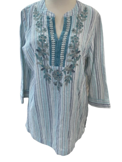 Large Soft Surroundings Womens Tunic Shirt Embelia Blue Green Embroidered Sequin