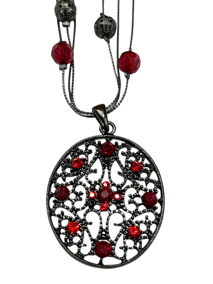 Pewter Color and Red Necklace Beaded Pendant Multistrand 16-18 Inch