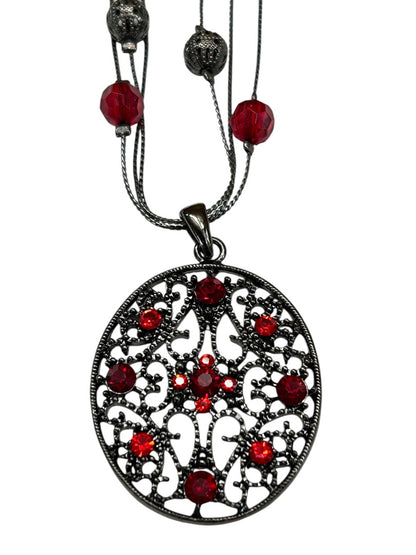 Pewter Color and Red Necklace Beaded Pendant Multistrand 16-18 Inch