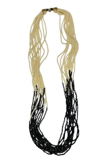Multistrand Cream Black Beaded Necklace Goldtone Clasp 28 Inch