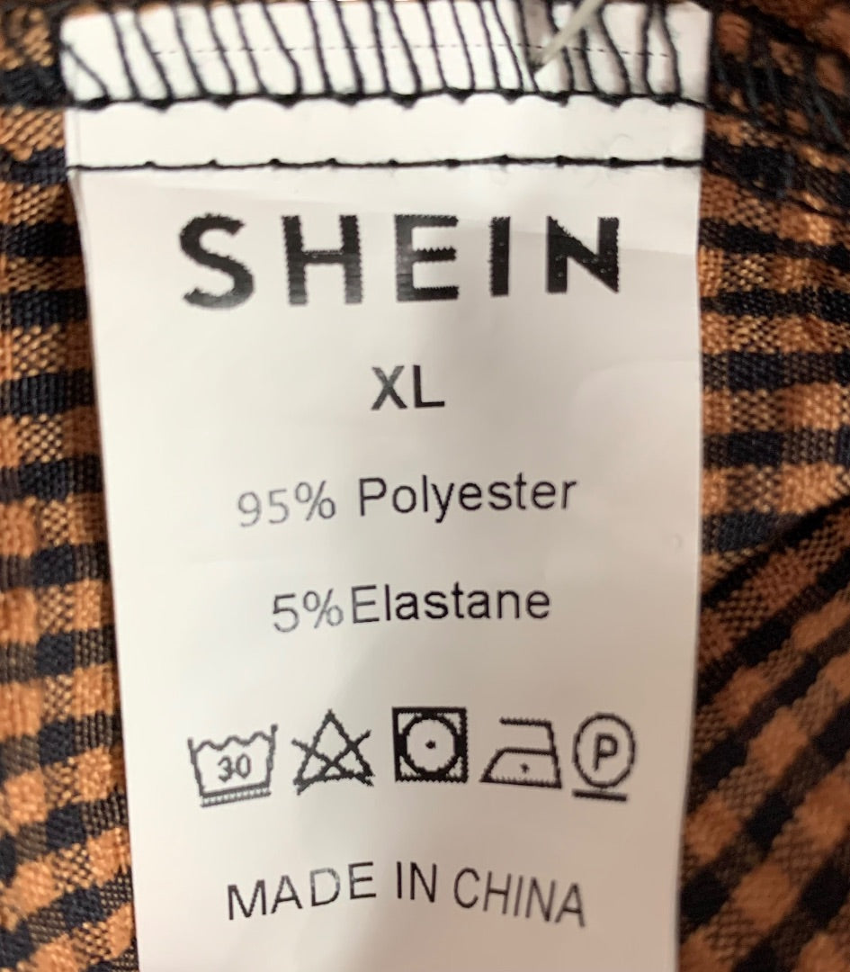 XL Shein Womens Pullover Blouse Shirt Brown Black Check