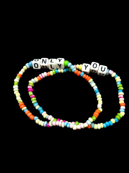 Set of 2 Seed Bead Stretch Bracelets "Only" "You" Multicolor