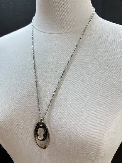 Silvertone Overhead Necklace 24 Inch Cameo Pendant 1.75"