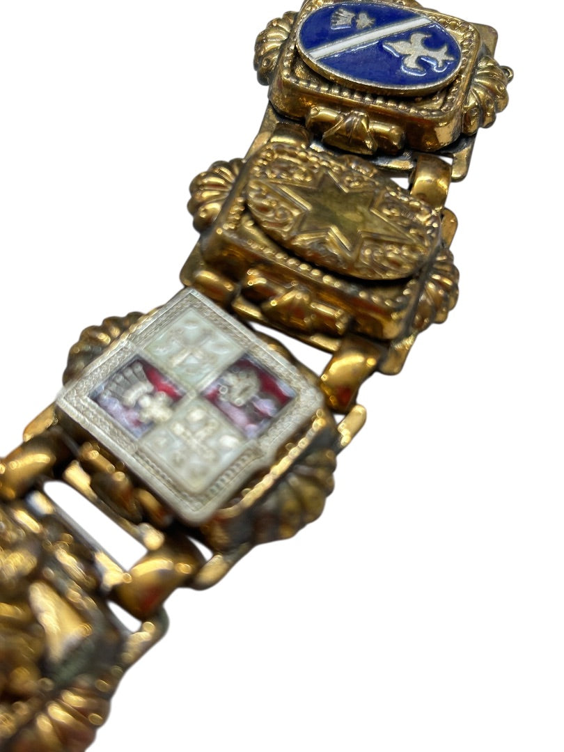 Vintage Goldtone 7 Panel Bracelet Crests France 7 Inch Chunky