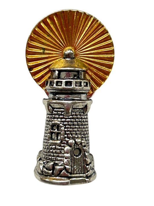 Vintage Signed Avon Lapel Pin Lighthouse Beacon 1.4" Goldtone Silvertone