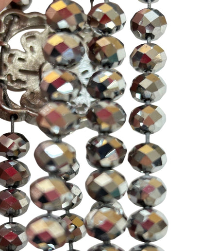 Triple Strand Stretch Bracelet Silvertone Faceted Beads Medallion